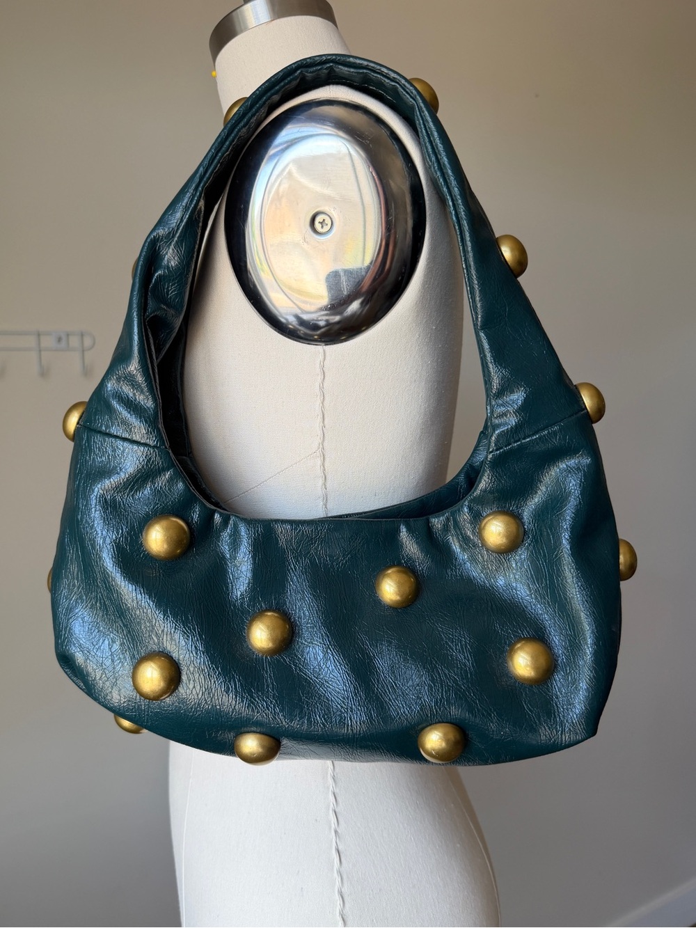 Zara Y2K Gold Stud Hobo Bag | Dark Green Patent Leather Shoulder Bag | Vintage - Picture 2 of 8